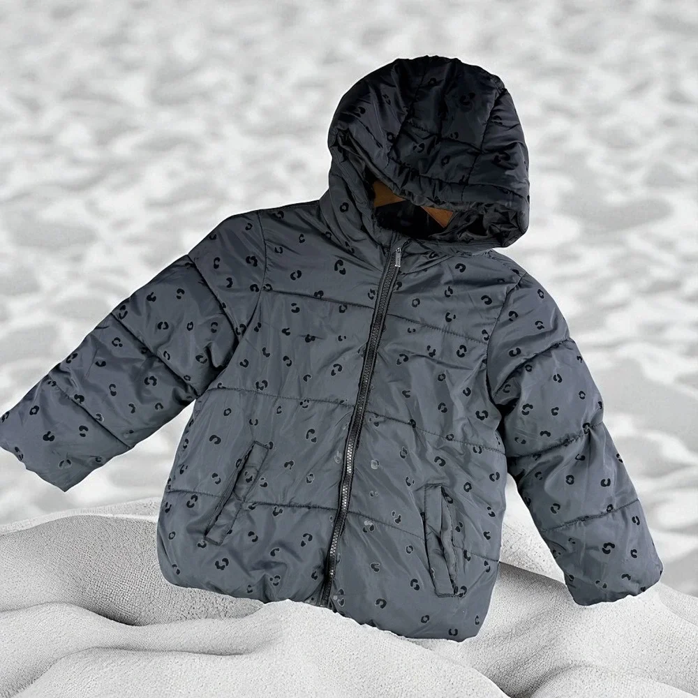 Cheeky Girls‎ Puffer Jacket Size 6 Gray Leopard Print Hooded Winter Coat